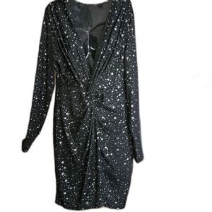 SHEIN Black Star Print Midi Dress V-Neck Sexy Elegant Celestial Whimsigoth L